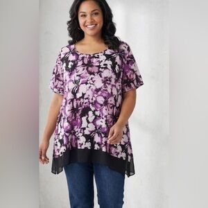 NWOT Cato Size 22W/24W Purple Black Floral Chiffon Hem Tunic Blouse Short Sleeve